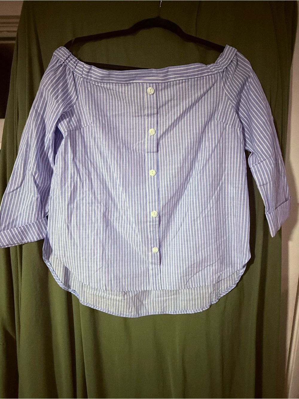 Vintage Havana Blue and White Striped Off-the-Shoulder faux button Top
